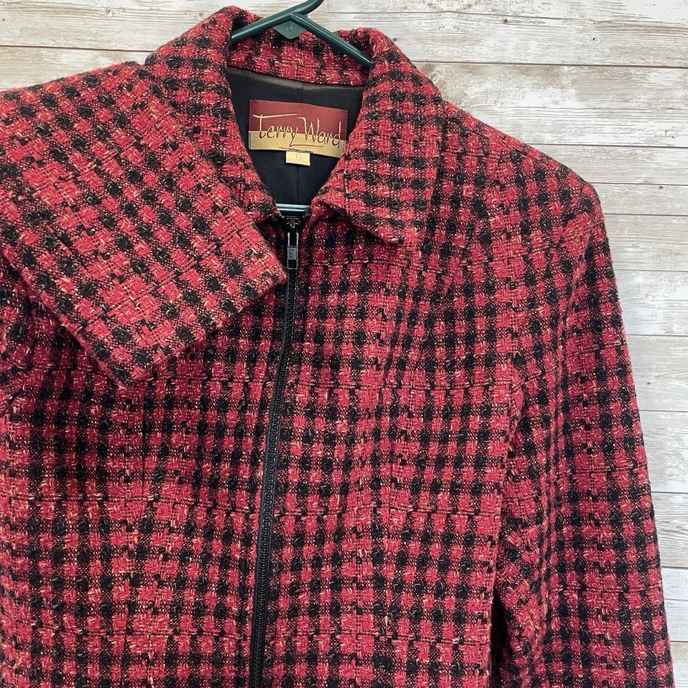 VTG Terry Ward Womens 6 Jacket Tweed Red Black Plaid Zip‎ Wool Blend Satin Lined